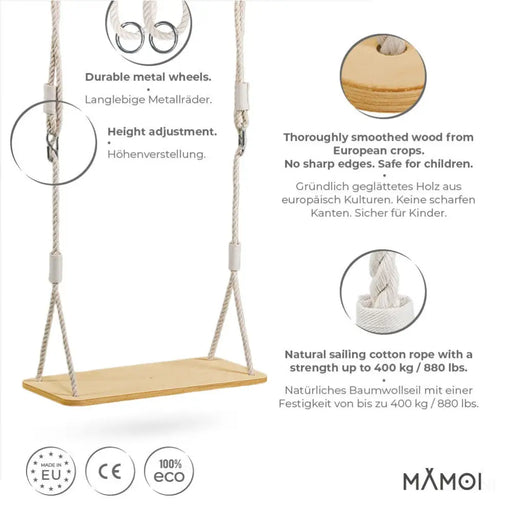 MAMOI® Balançoire pour enfants Balançoire en bois Balançoire d'enfant pour adultes pour jardin à l'extérieur Balançoire en bois jusqu'à 100kg! 100% ECO | Fabriqué en EU-1