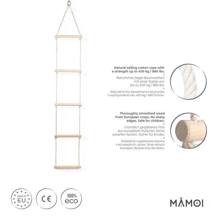 MAMOI® Échelle de Corde Échelle de montée pour Enfants en Bois et Corde de Coton | Balançoire en Corde intérieur extérieur | Échelle Suspendue Durable Design scandinave | 100% ECO | Prodotto Nell’UE-1