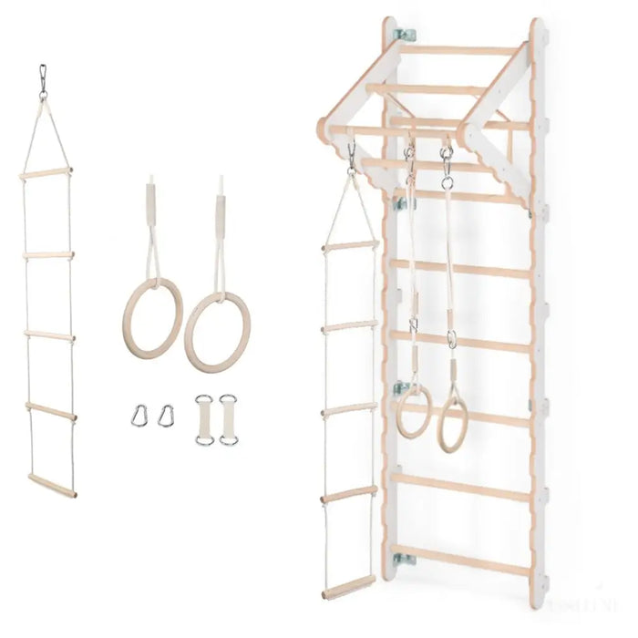 MAMOI® Espalier en bois, Mur escalade suedois pour enfant, Échelle suedoise pour bebe, Jeux descalade et gym avec accessoires, Barre et anneaux gymnastique-0