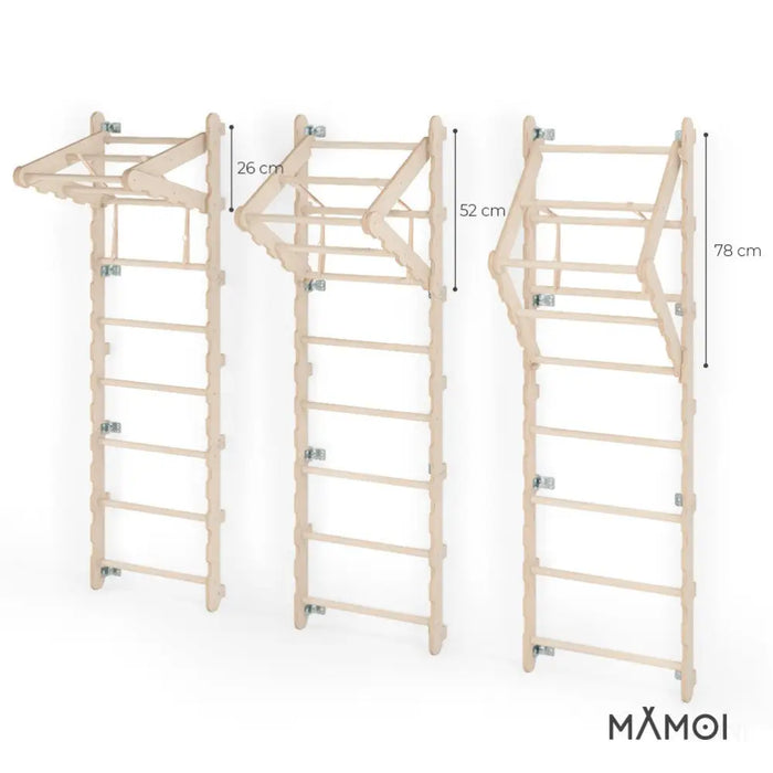 MAMOI® Espalier en bois, Mur escalade suedois pour enfant, Échelle suedoise pour bebe, Jeux descalade et gym avec accessoires, Barre et anneaux gymnastique-6