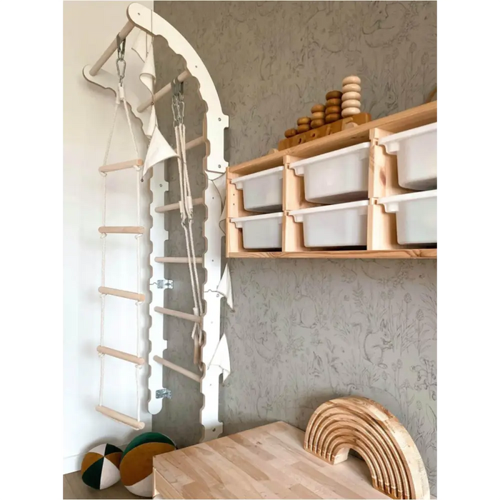 MAMOI® Espalier en bois, Mur escalade suedois pour enfant, Échelle suedoise pour bebe, Jeux descalade et gym avec accessoires, Barre et anneaux gymnastique-4