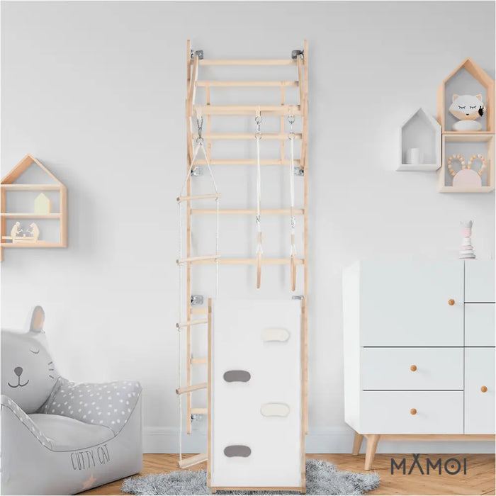 MAMOI® Espalier en bois, Mur escalade suedois pour enfant, Échelle suedoise pour bebe, Jeux descalade et gym avec accessoires, Barre et anneaux gymnastique-4