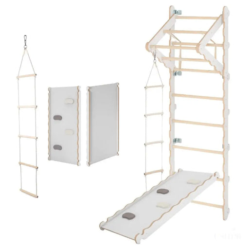 MAMOI® Espalier en bois, Mur escalade suedois pour enfant, Échelle suedoise pour bebe, Jeux descalade et gym avec accessoires, Barre et anneaux gymnastique-0