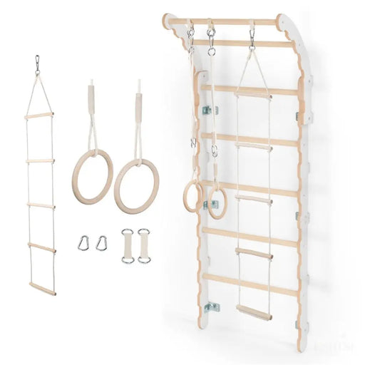 MAMOI® Espalier en bois, Mur escalade suedois pour enfant, Échelle suedoise pour bebe, Jeux descalade et gym avec accessoires, Barre et anneaux gymnastique-0