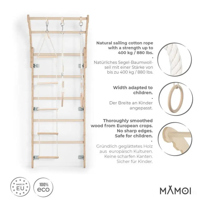 MAMOI® Espalier en bois, Mur escalade suedois pour enfant, Échelle suedoise pour bebe, Jeux descalade et gym avec accessoires, Barre et anneaux gymnastique-2