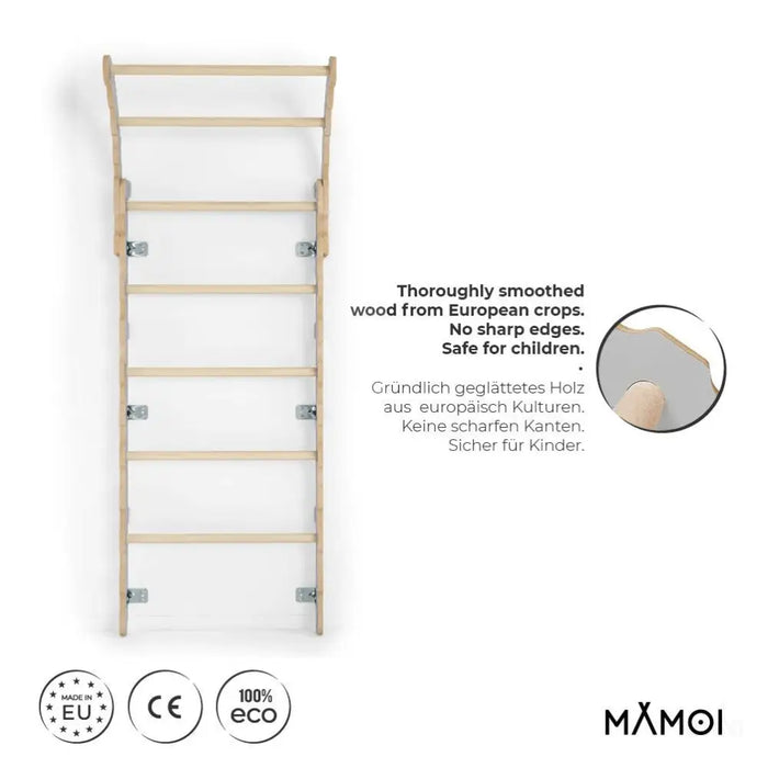 MAMOI® Espalier en bois, Mur escalade suedois pour enfant, Échelle suedoise pour bebe, Jeux descalade et gym avec accessoires, Barre et anneaux gymnastique-1