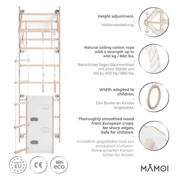 MAMOI® Espalier en bois, Mur escalade suedois pour enfant, Échelle suedoise pour bebe, Jeux descalade et gym avec accessoires, Barre et anneaux gymnastique-2