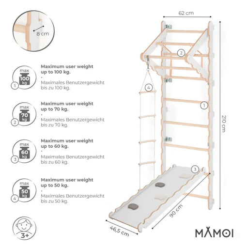 MAMOI® Espalier en bois, Mur escalade suedois pour enfant, Échelle suedoise pour bebe, Jeux descalade et gym avec accessoires, Barre et anneaux gymnastique-1