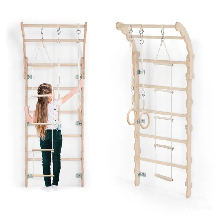 MAMOI® Espalier en bois, Mur escalade suedois pour enfant, Échelle suedoise pour bebe, Jeux descalade et gym avec accessoires, Barre et anneaux gymnastique-4