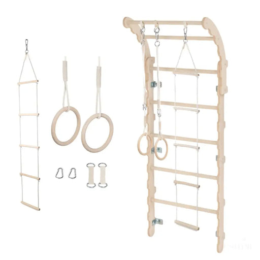 MAMOI® Espalier en bois, Mur escalade suedois pour enfant, Échelle suedoise pour bebe, Jeux descalade et gym avec accessoires, Barre et anneaux gymnastique-0