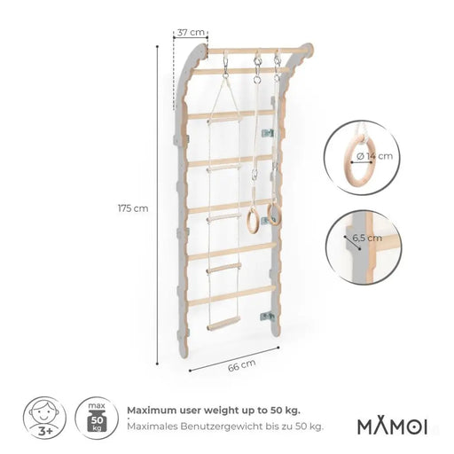 MAMOI® Espalier en bois, Mur escalade suedois pour enfant, Échelle suedoise pour bebe, Jeux descalade et gym avec accessoires, Barre et anneaux gymnastique-1