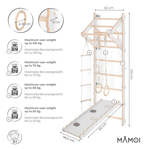 MAMOI® Espalier en bois, Mur escalade suedois pour enfant, Échelle suedoise pour bebe, Jeux descalade et gym avec accessoires, Barre et anneaux gymnastique-1