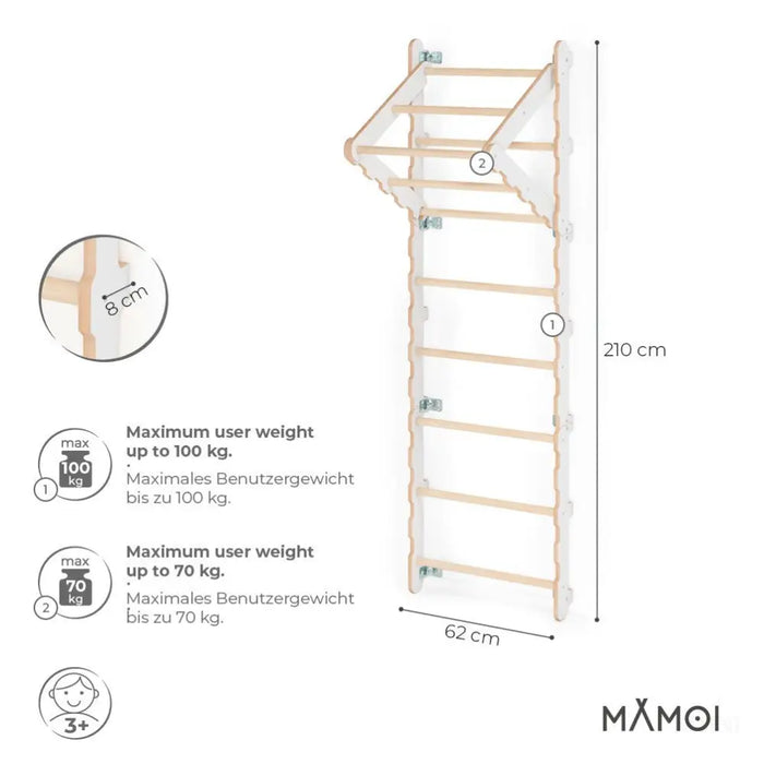 MAMOI® Espalier en bois, Mur escalade suedois pour enfant, Échelle suedoise pour bebe, Jeux descalade et gym avec accessoires, Barre et anneaux gymnastique-2