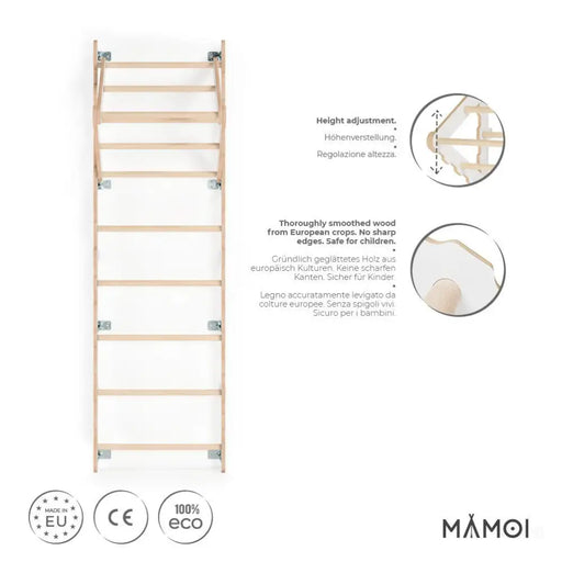 MAMOI® Espalier en bois, Mur escalade suedois pour enfant, Échelle suedoise pour bebe, Jeux descalade et gym avec accessoires, Barre et anneaux gymnastique-1