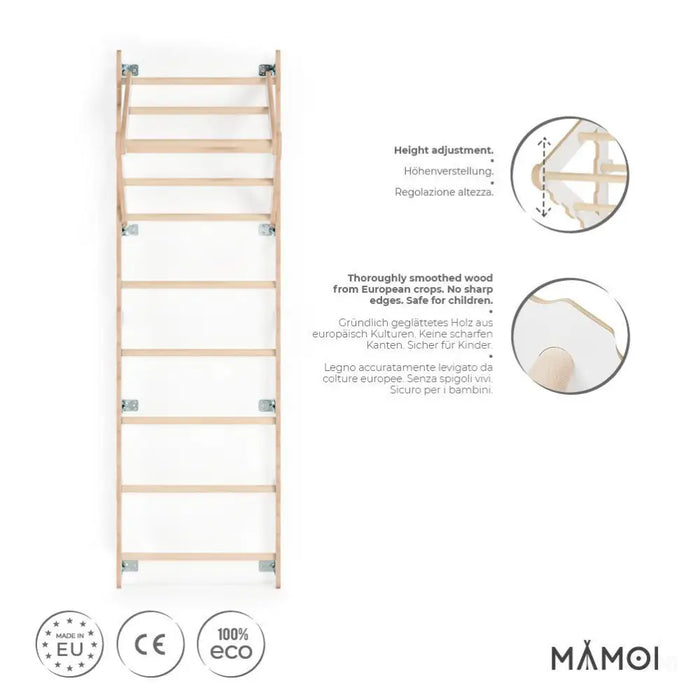 MAMOI® Espalier en bois, Mur escalade suedois pour enfant, Échelle suedoise pour bebe, Jeux descalade et gym avec accessoires, Barre et anneaux gymnastique-1