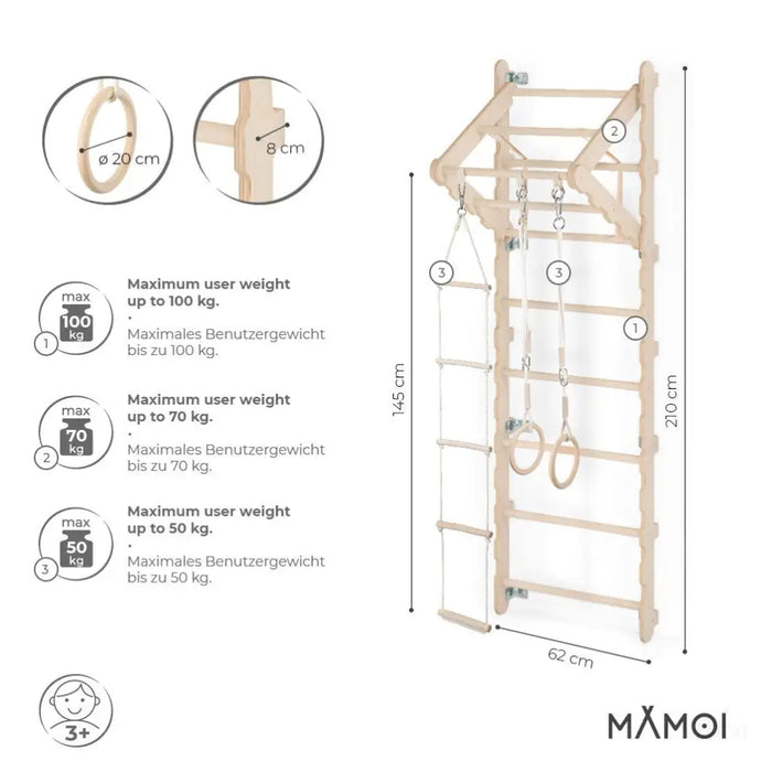 MAMOI® Espalier en bois, Mur escalade suedois pour enfant, Échelle suedoise pour bebe, Jeux descalade et gym avec accessoires, Barre et anneaux gymnastique-1