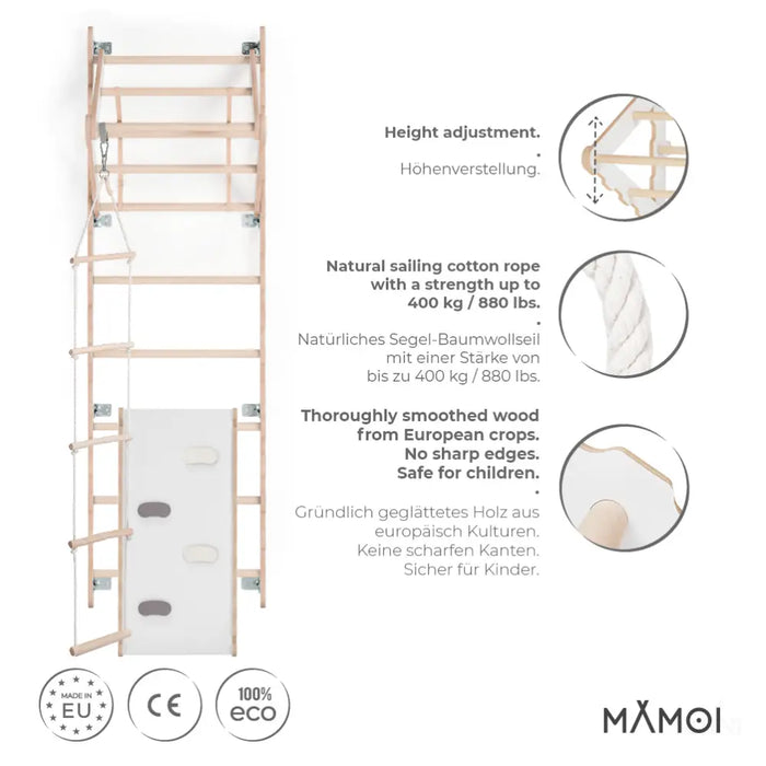 MAMOI® Espalier en bois, Mur escalade suedois pour enfant, Échelle suedoise pour bebe, Jeux descalade et gym avec accessoires, Barre et anneaux gymnastique-2