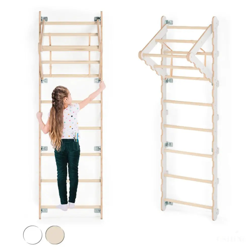 MAMOI® Espalier en bois, Mur escalade suedois pour enfant, Échelle suedoise pour bebe, Jeux descalade et gym avec accessoires, Barre et anneaux gymnastique-0