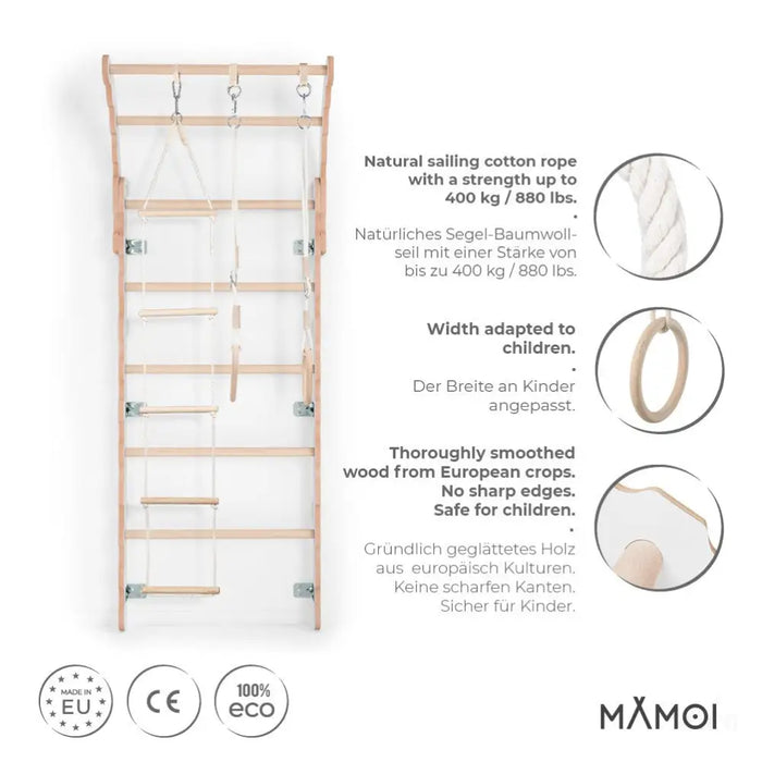 MAMOI® Espalier en bois, Mur escalade suedois pour enfant, Échelle suedoise pour bebe, Jeux descalade et gym avec accessoires, Barre et anneaux gymnastique-2