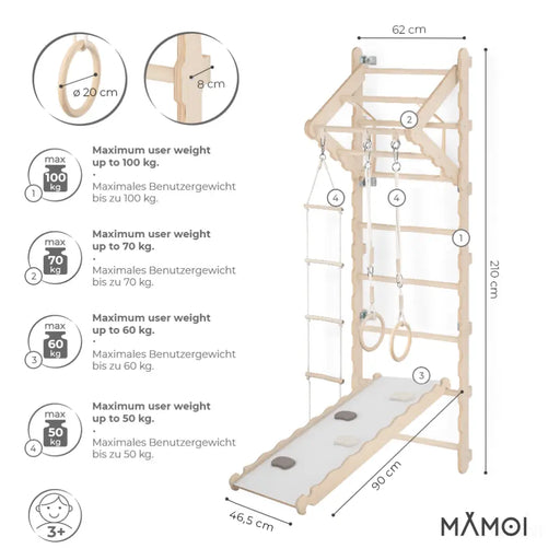 MAMOI® Espalier en bois, Mur escalade suedois pour enfant, Échelle suedoise pour bebe, Jeux descalade et gym avec accessoires, Barre et anneaux gymnastique-1