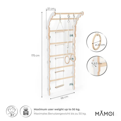 MAMOI® Espalier en bois, Mur escalade suedois pour enfant, Échelle suedoise pour bebe, Jeux descalade et gym avec accessoires, Barre et anneaux gymnastique-1