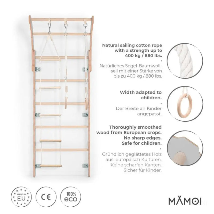 MAMOI® Espalier en bois, Mur escalade suedois pour enfant, Échelle suedoise pour bebe, Jeux descalade et gym avec accessoires, Barre et anneaux gymnastique-2