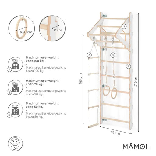 MAMOI® Espalier en bois, Mur escalade suedois pour enfant, Échelle suedoise pour bebe, Jeux descalade et gym avec accessoires, Barre et anneaux gymnastique-1