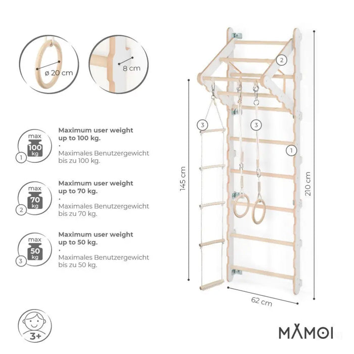 MAMOI® Espalier en bois, Mur escalade suedois pour enfant, Échelle suedoise pour bebe, Jeux descalade et gym avec accessoires, Barre et anneaux gymnastique-1