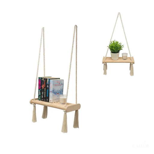 MAMOI® Étagère murale en bois Boho Étagère suspendue Macramé tissé à la main Étagère flottante Décoration murale Support de plantes pour la cuisine Chambre à coucher Salon-0