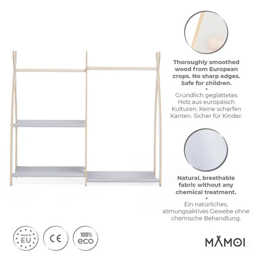 MAMOI® Portant vetement enfant 95x106x32cm | Portant a vetement Yarnwood | Penderie vetement armoire enfant bebe | Meubles enfants bois meuble vetement | 100% ECO | Fabriqué dans l'UE-1