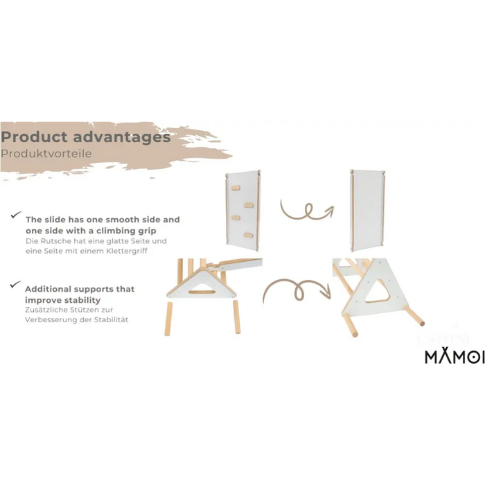 MAMOI® Set : la triangle avec toboggan interieur enfant et toboggan pour enfant, Structure motricité interieur pour bébé, Mur descalade et tobogan intérieur en bois pour bebe, Motricite montessori 3 ans-3