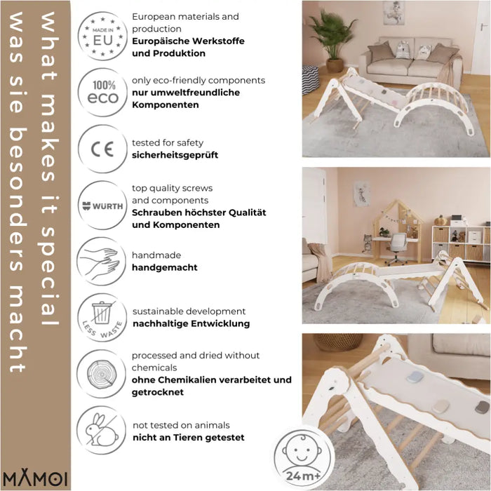 MAMOI® Set : Triangle, arche escalade et toboggan pour enfant, Structure motricité interieur pour bébé, Mur descalade et tobogan intérieur en bois pour bebe, Motricite montessori 3 ans-4