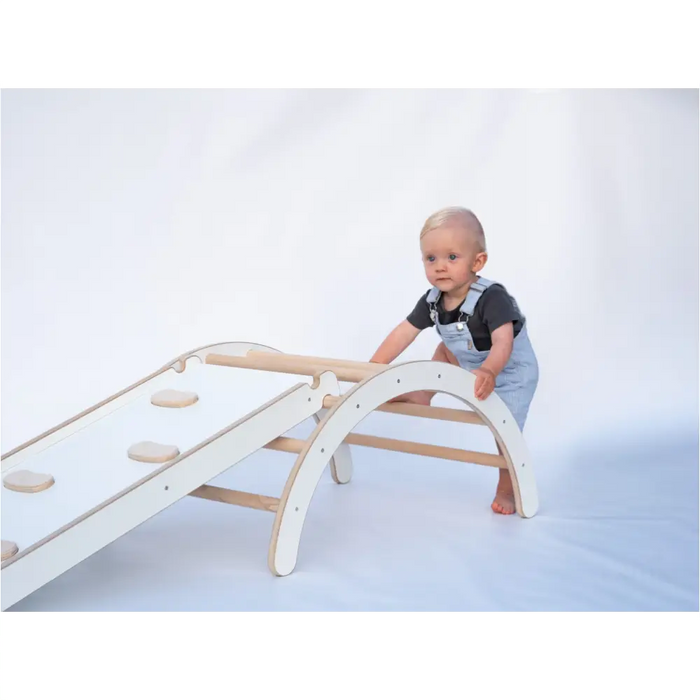 MAMOI® Set : Triangle, arche escalade et toboggan pour enfant, Structure motricité interieur pour bébé, Mur descalade et tobogan intérieur en bois pour bebe, Motricite montessori 3 ans-6