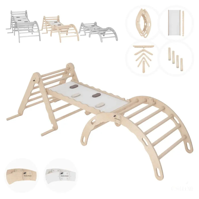 MAMOI® Set : Triangle, arche escalade et toboggan pour enfant, Structure motricité interieur pour bébé, Mur descalade et tobogan intérieur en bois pour bebe, Motricite montessori 3 ans-0