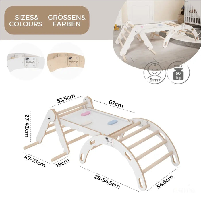 MAMOI® Set : Triangle, arche escalade et toboggan pour enfant, Structure motricité interieur pour bébé, Mur descalade et tobogan intérieur en bois pour bebe, Motricite montessori 3 ans-3