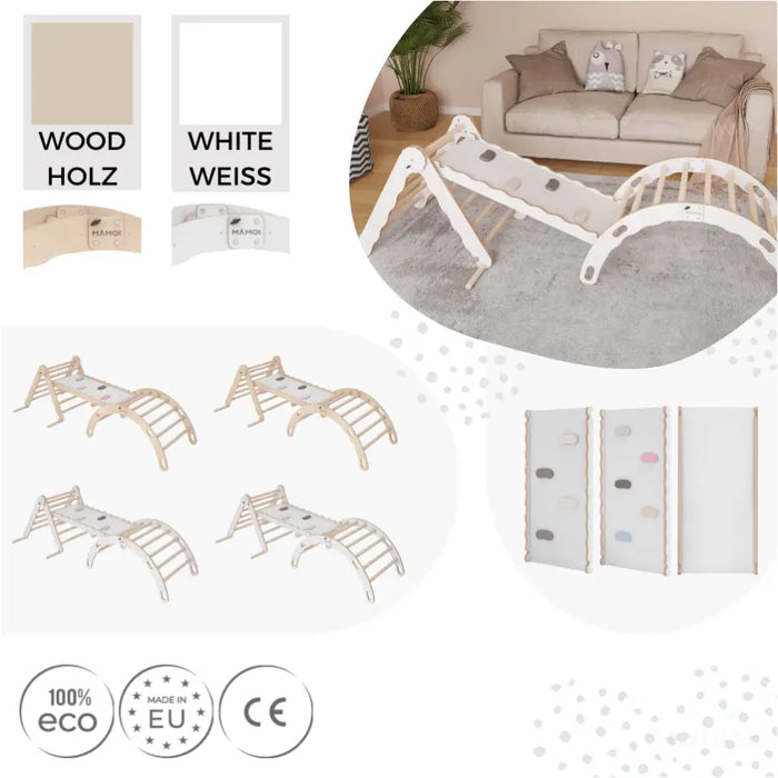 MAMOI® Set : Triangle, arche escalade et toboggan pour enfant, Structure motricité interieur pour bébé, Mur descalade et tobogan intérieur en bois pour bebe, Motricite montessori 3 ans-5