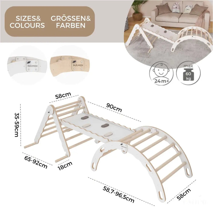 MAMOI® Set : Triangle, arche escalade et toboggan pour enfant, Structure motricité interieur pour bébé, Mur descalade et tobogan intérieur en bois pour bebe, Motricite montessori 3 ans-3