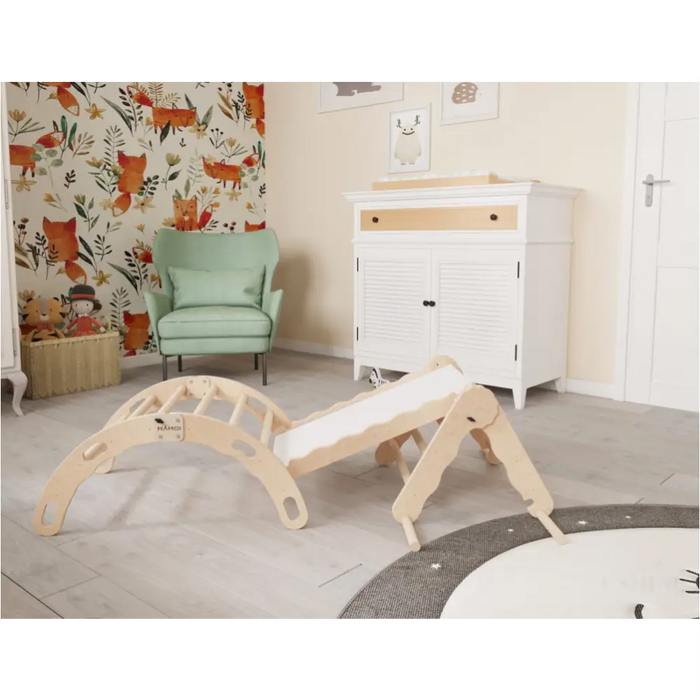 MAMOI® Set : Triangle, arche escalade et toboggan pour enfant, Structure motricité interieur pour bébé, Mur descalade et tobogan intérieur en bois pour bebe, Motricite montessori 3 ans-2