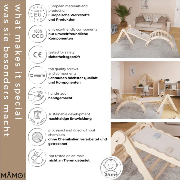 MAMOI® Set : Triangle, arche escalade et toboggan pour enfant, Structure motricité interieur pour bébé, Mur descalade et tobogan intérieur en bois pour bebe, Motricite montessori 3 ans-5