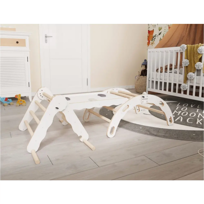 MAMOI® Set : Triangle, arche escalade et toboggan pour enfant, Structure motricité interieur pour bébé, Mur descalade et tobogan intérieur en bois pour bebe, Motricite montessori 3 ans-1