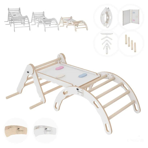 MAMOI® Set : Triangle, arche escalade et toboggan pour enfant, Structure motricité interieur pour bébé, Mur descalade et tobogan intérieur en bois pour bebe, Motricite montessori 3 ans-0