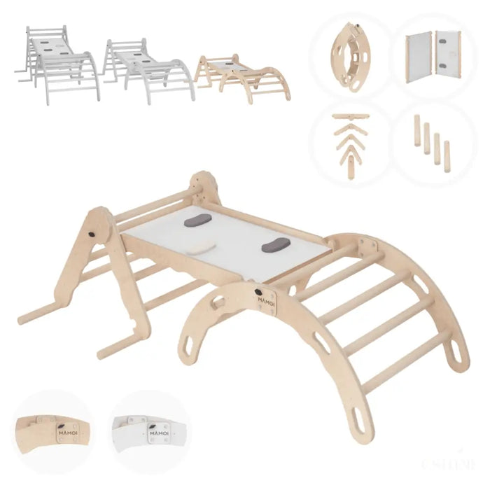 MAMOI® Set : Triangle, arche escalade et toboggan pour enfant, Structure motricité interieur pour bébé, Mur descalade et tobogan intérieur en bois pour bebe, Motricite montessori 3 ans-0