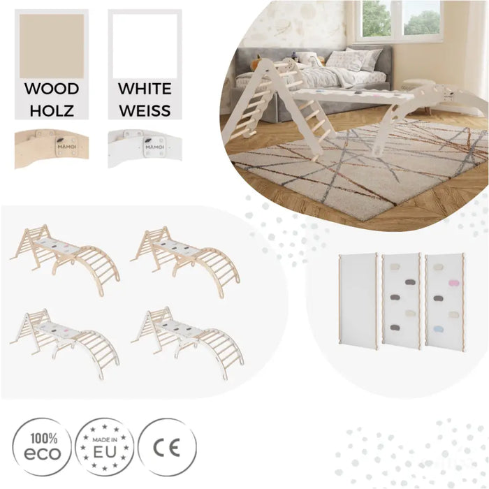 MAMOI® Set : Triangle, arche escalade et toboggan pour enfant, Structure motricité interieur pour bébé, Mur descalade et tobogan intérieur en bois pour bebe, Motricite montessori 3 ans-5