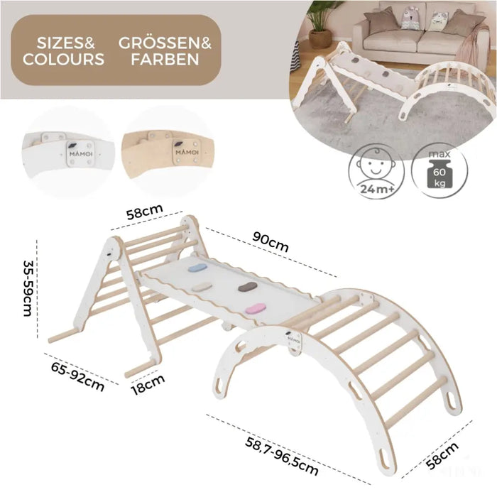 MAMOI® Set : Triangle, arche escalade et toboggan pour enfant, Structure motricité interieur pour bébé, Mur descalade et tobogan intérieur en bois pour bebe, Motricite montessori 3 ans-3