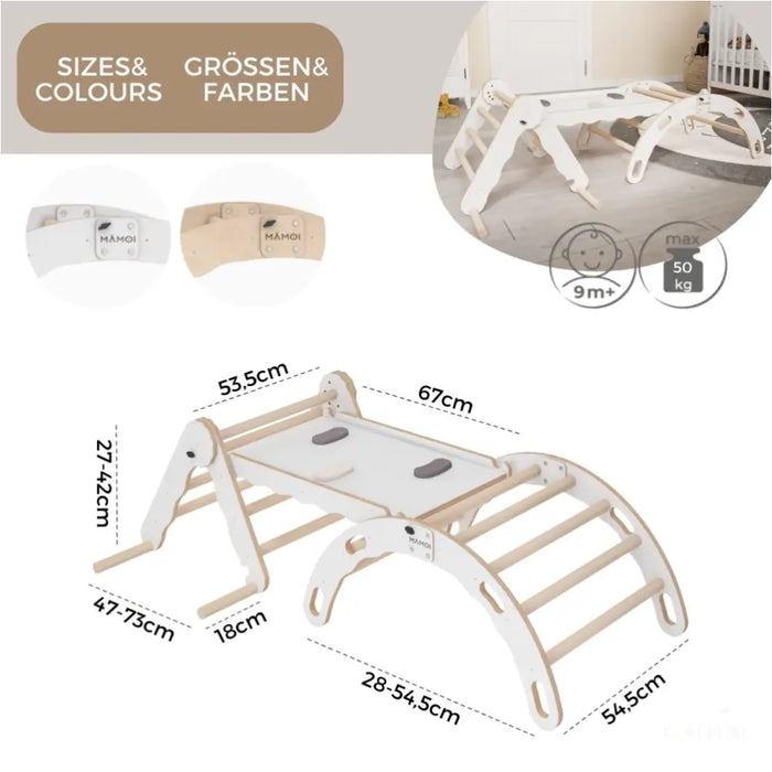 MAMOI® Set : Triangle, arche escalade et toboggan pour enfant, Structure motricité interieur pour bébé, Mur descalade et tobogan intérieur en bois pour bebe, Motricite montessori 3 ans-4