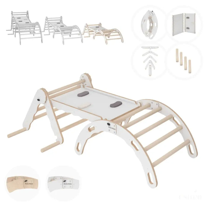 MAMOI® Set : Triangle, arche escalade et toboggan pour enfant, Structure motricité interieur pour bébé, Mur descalade et tobogan intérieur en bois pour bebe, Motricite montessori 3 ans-0