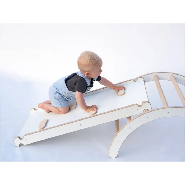 MAMOI® Set : Triangle, arche escalade et toboggan pour enfant, Structure motricité interieur pour bébé, Mur descalade et tobogan intérieur en bois pour bebe, Motricite montessori 3 ans-5