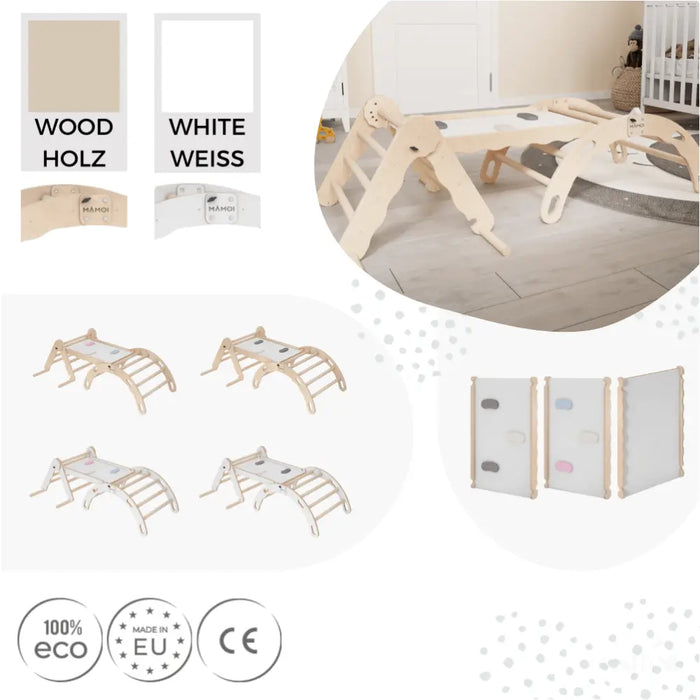 MAMOI® Set : Triangle, arche escalade et toboggan pour enfant, Structure motricité interieur pour bébé, Mur descalade et tobogan intérieur en bois pour bebe, Motricite montessori 3 ans-4