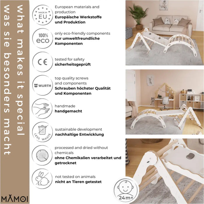 MAMOI® Set : Triangle, arche escalade et toboggan pour enfant, Structure motricité interieur pour bébé, Mur descalade et tobogan intérieur en bois pour bebe, Motricite montessori 3 ans-4