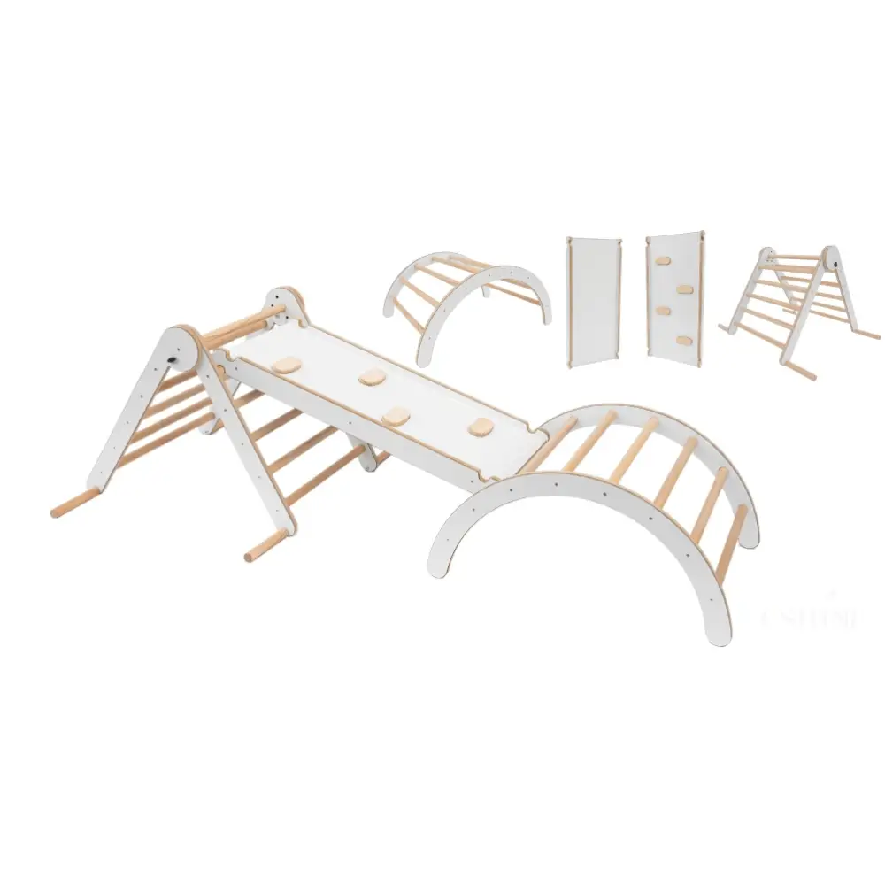 MAMOI® Set : Triangle, arche escalade et toboggan pour enfant, Structure motricité interieur pour bébé, Mur descalade et tobogan intérieur en bois pour bebe, Motricite montessori 3 ans-0